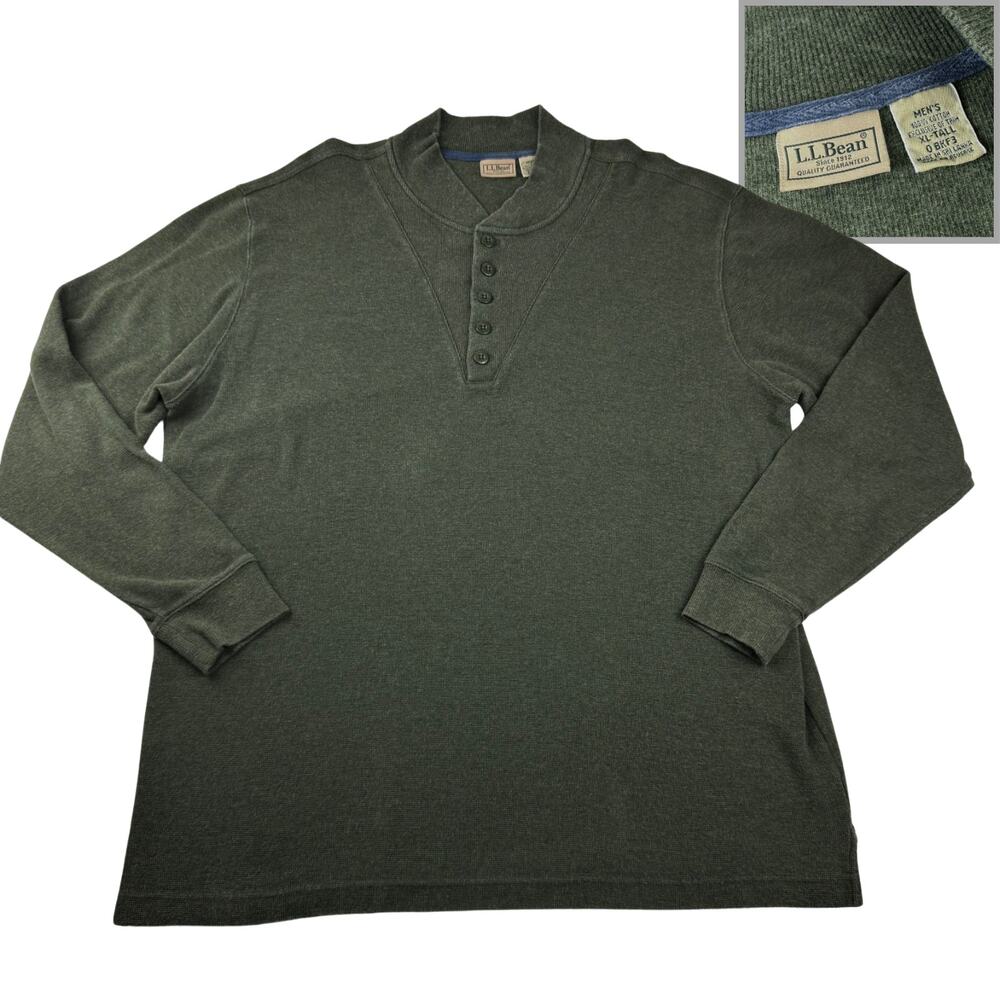 LL Bean Vintage Sweater Green Henley Ribbed Knit Pullover Mens XL Tall